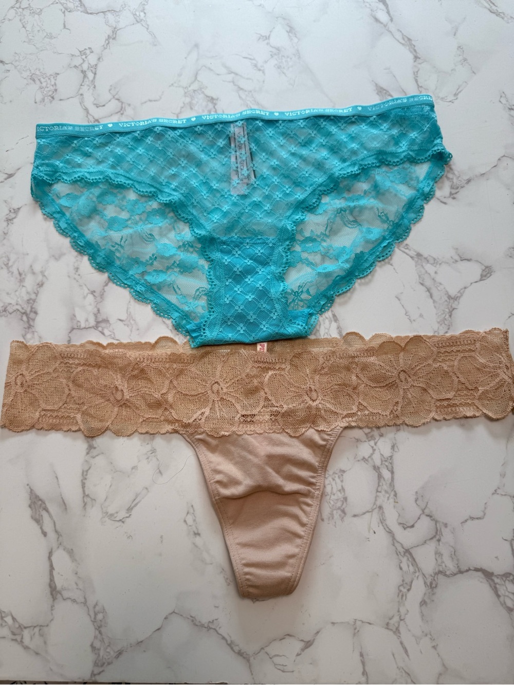 Victoria's Secret Teal Lace Bikini & Nude Lace Thong Set
